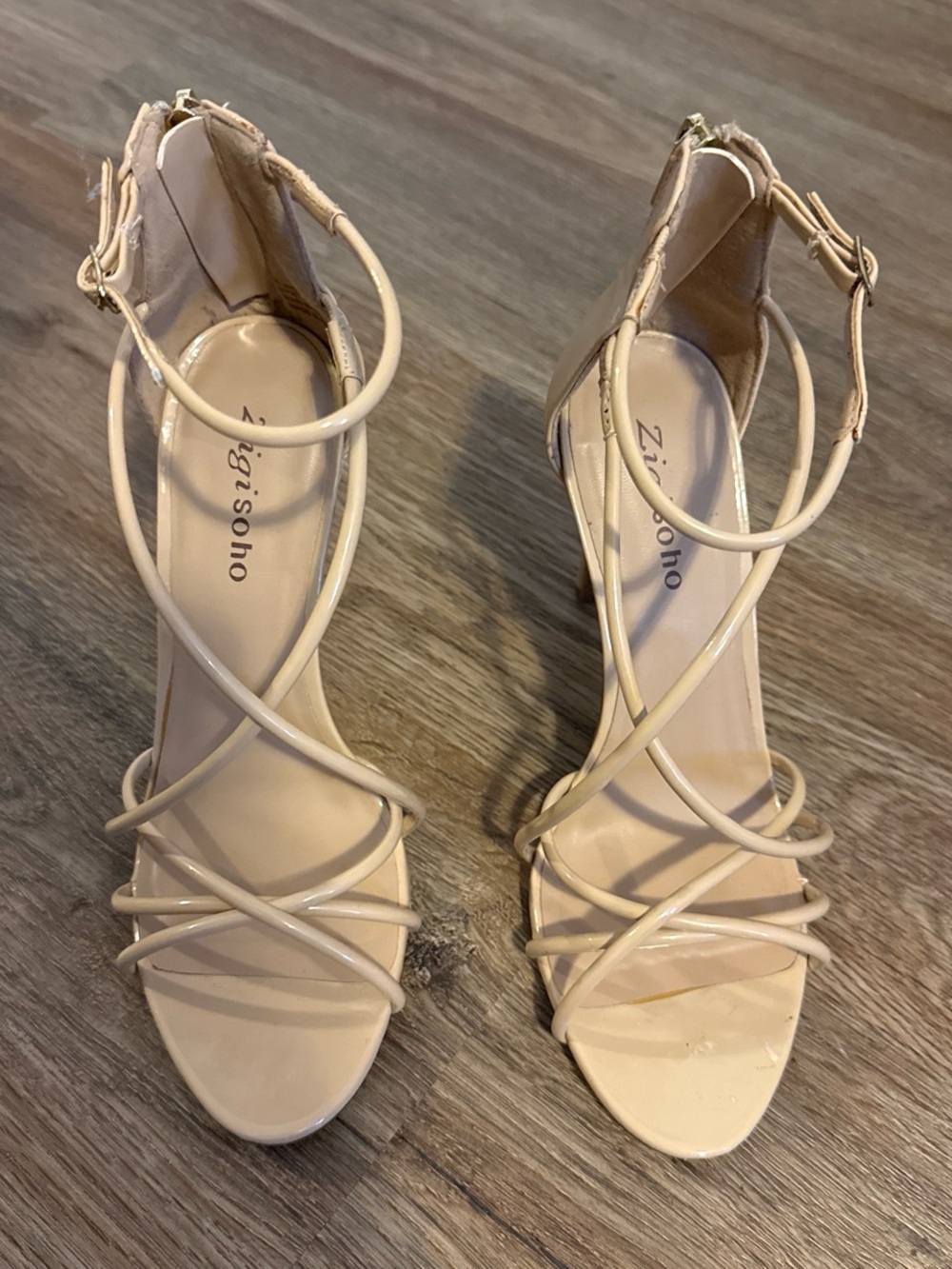 Zigi Soho Beige Patent Strappy Ankle Wrap Heels